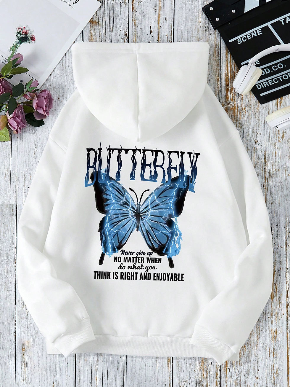 Thumbnail: Butterfly Print Kangaroo Pocket Drawstring Thermal Hoodie