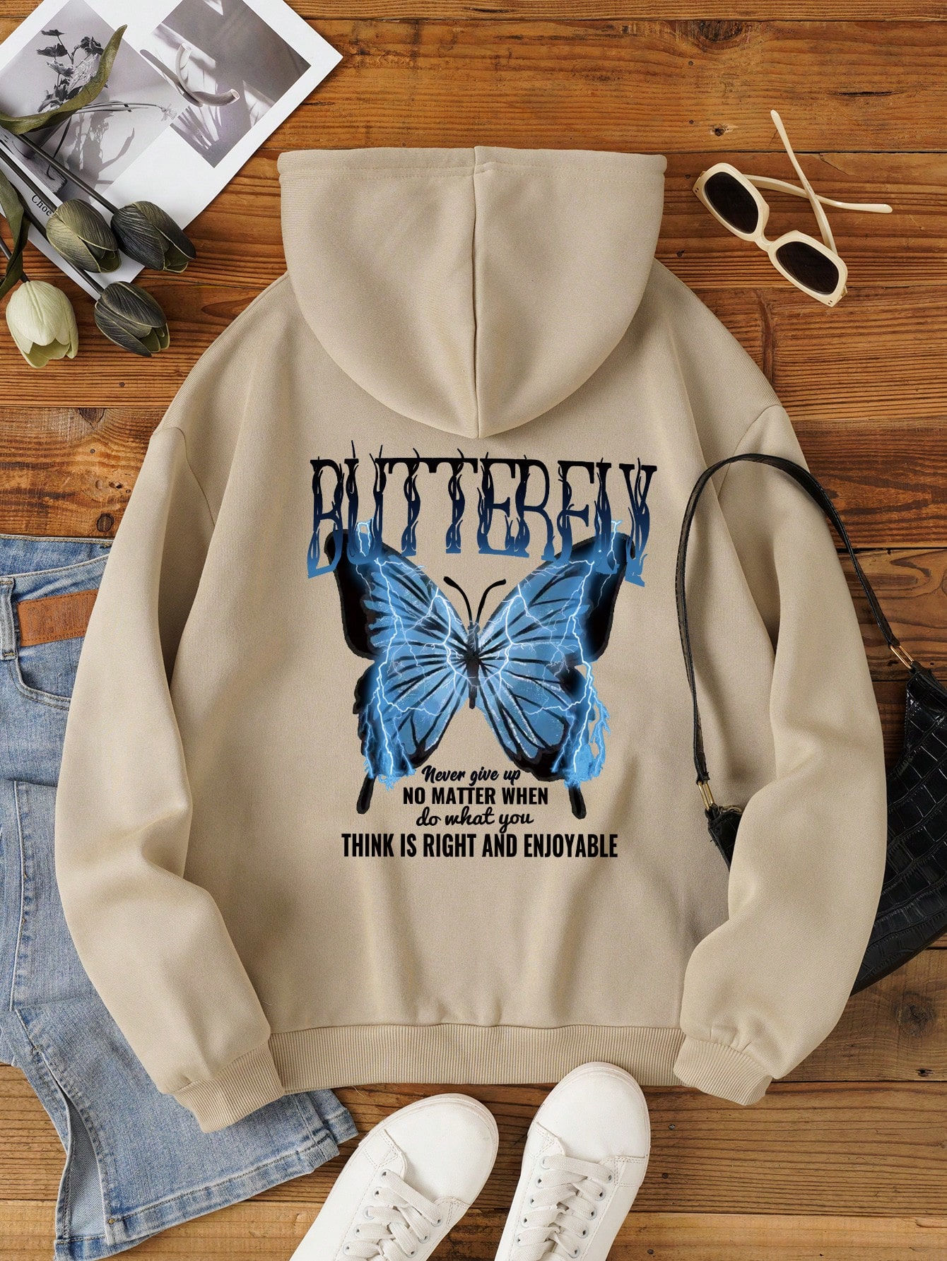 Butterfly Print Kangaroo Pocket Drawstring Thermal Hoodie