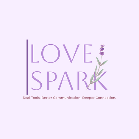 Love Spark log with a sprig of lavender connected to the letter K and slogan Real Tools. Better Communication. Deeper Connection.