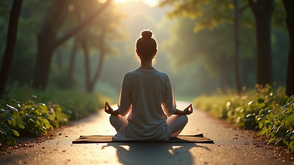 Eye-level view of a person meditating in a serene environment