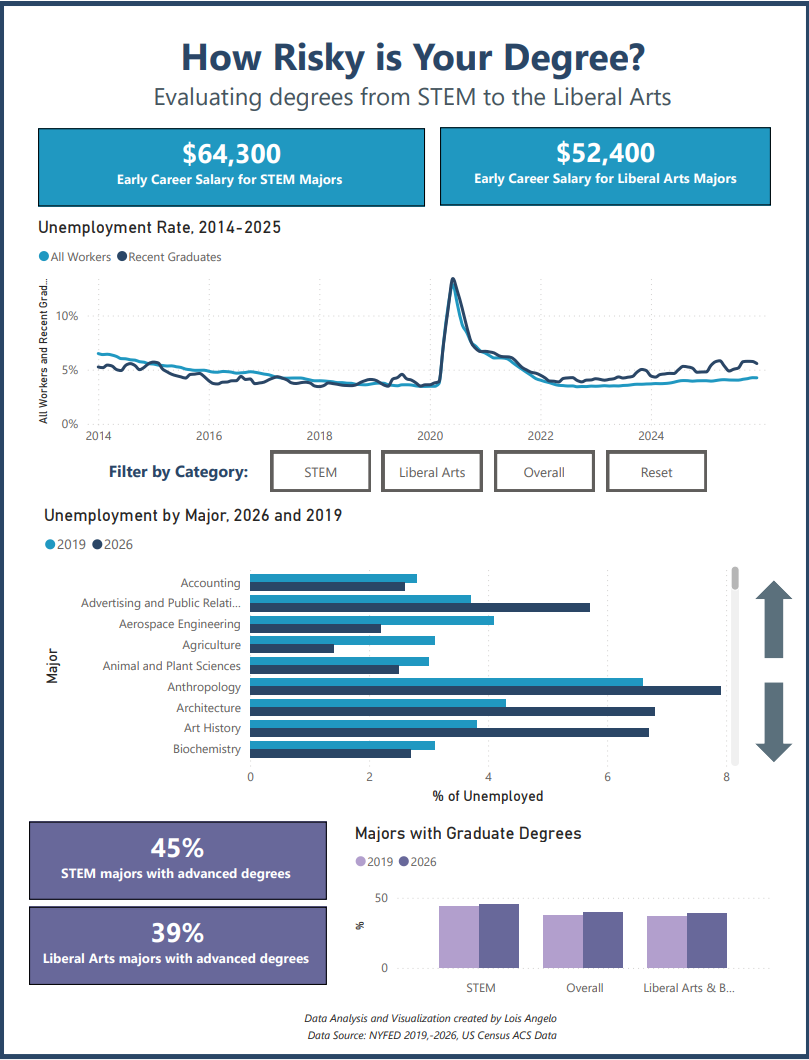 A dashboard showing the risk of certain degree categories and the rates of unemployment over a 10-year period.