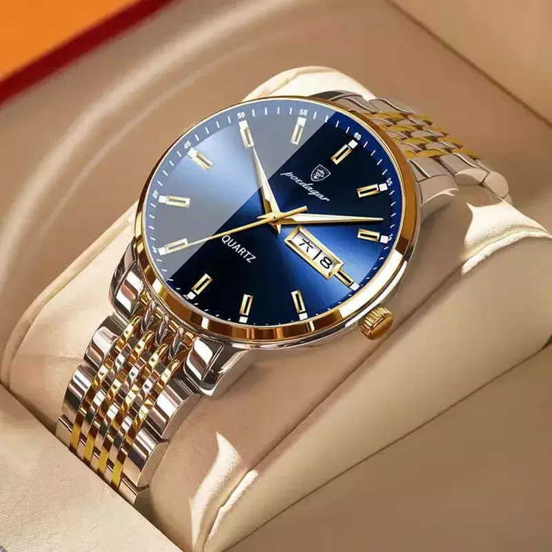 Thumbnail: POEDAGAR Stainless Steel Quartz Watch – Men's Luxury Chronograph with Calendar