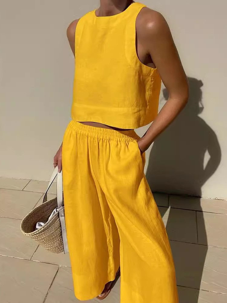 Thumbnail: Solid Color Two-Piece Set – Sleeveless O-Neck Top with Straight-Leg Pants