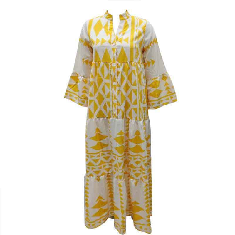 Thumbnail: Women V-Neck Long Sleeve Printed Dress High Waist Midi Dress