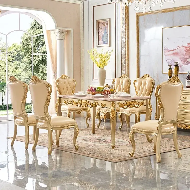 Thumbnail: Solid Oak Dining Table – European Style, Marble Finish, 6-Seater