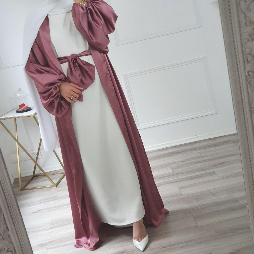 Dubai Satin Abaya Maxi Dress Puff Sleeve Open Front Muslim Wear