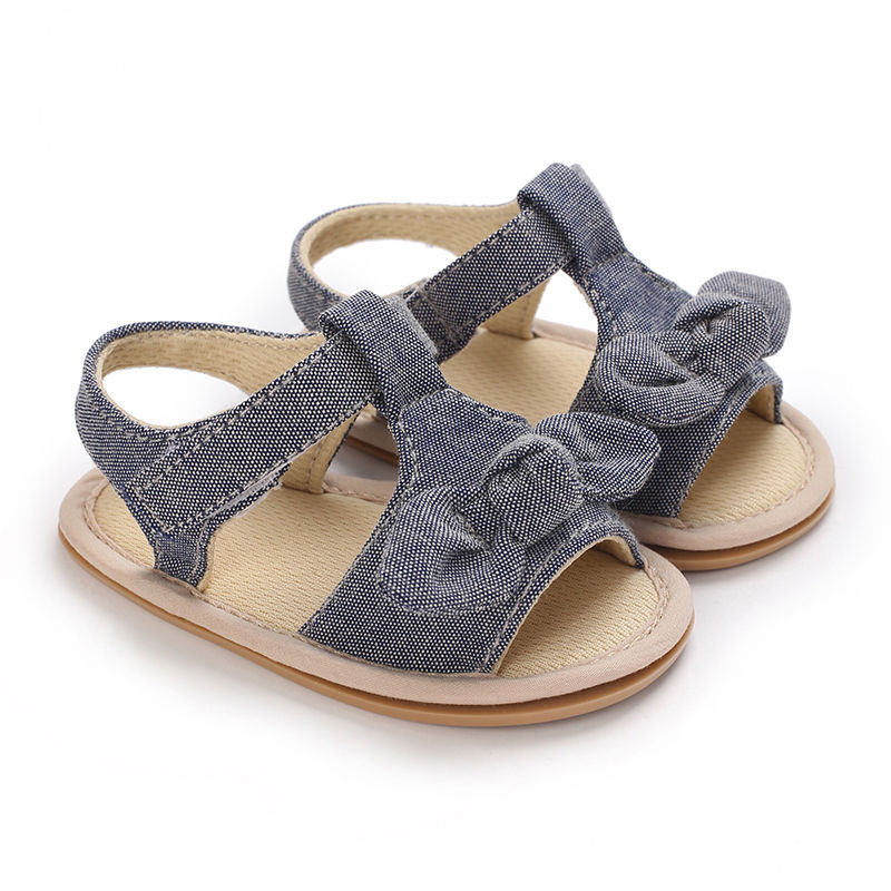 Thumbnail: Baby Girl Princess Shoes – Blue Bow Cotton Soft Sole (0–18M)