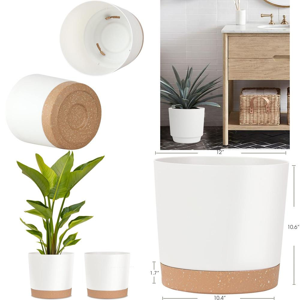 2‑Pack 12‑Inch White Plastic Plant Pots with Drainage