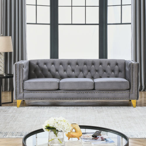 Thumbnail: Velvet Tufted Square Arm Sofa for Living Room