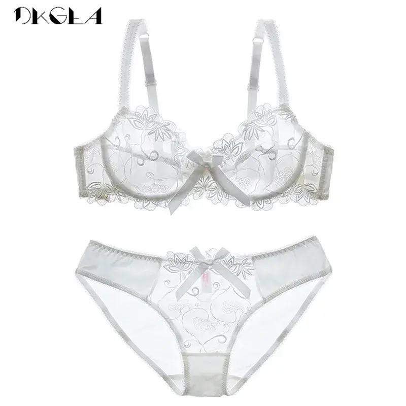 Thumbnail: Plus Size Embroidered Lace Transparent Bra Set Sexy Black Women Lingerie C–D Cup