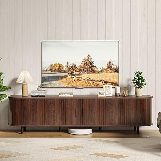70 Inch Mid-Century TV Stand with Sliding Doors & Charging Ports – Walnut Finish