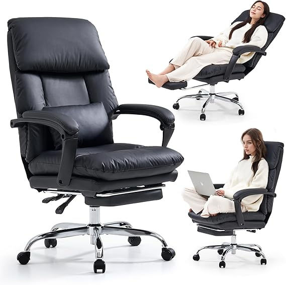 FEICHENG Ergonomic Reclining Office Chair – Faux Leather, Footrest, Beige
