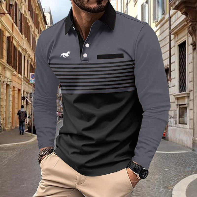 Thumbnail: Men Breathable Striped Polo Shirt with Turn Down Collar and Button