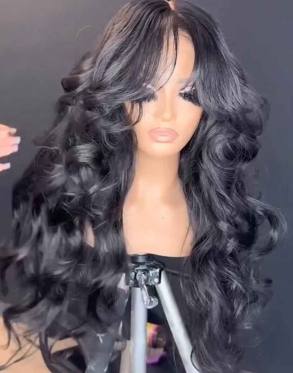 Thumbnail: Loose Body Wave Wig with Curtain Bangs – Transparent Lace Front Human Hair 13x4/