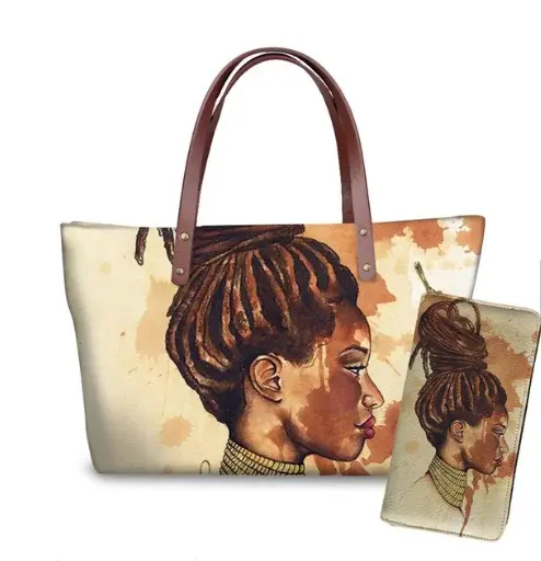 Thumbnail: Black African Art Printed PU Leather Tote & Shoulder Bag Set
