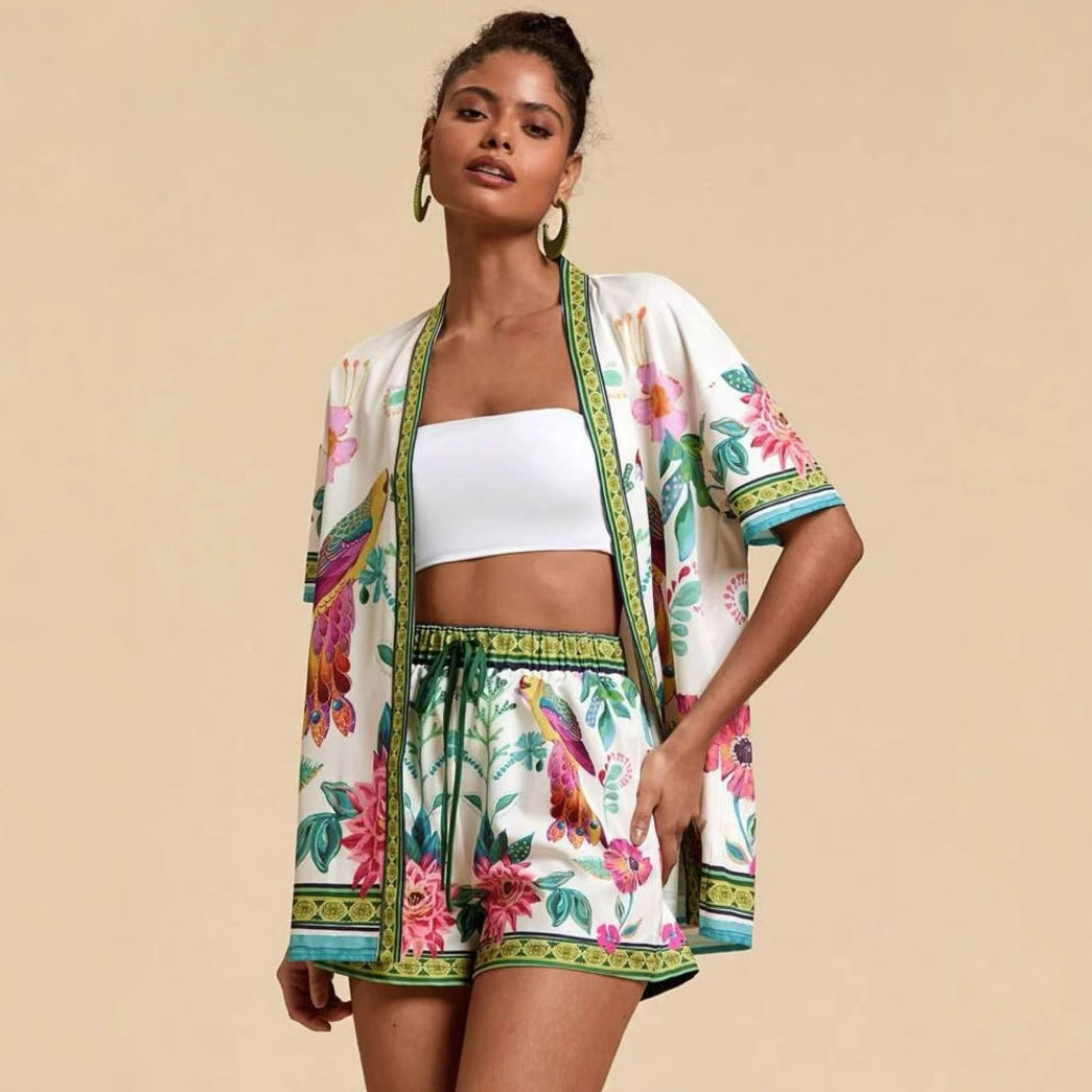 Two-Piece Printed Summer Set with Short-Sleeve Shirt and Matching Shorts