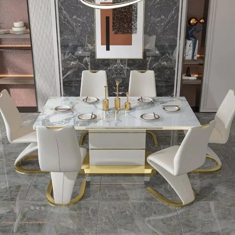 Thumbnail: Modern Luxury Marble Dining Table Set – Gold Finish, 4 or 6 Chairs