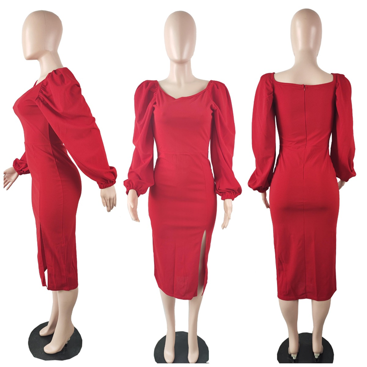 Thumbnail: Elegant Plus Size Maxi Dress with Split Casual Party Autumn Wear