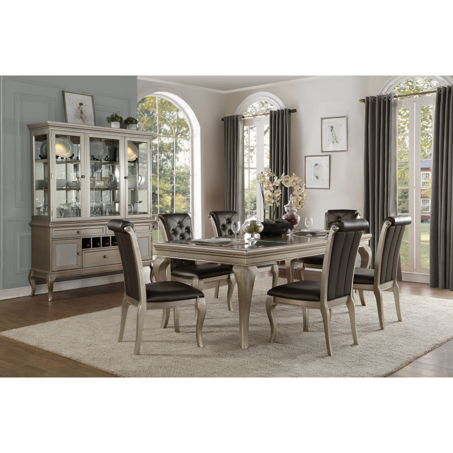 Modern Glam 7-Piece Silver Dining Set – Extension Table & 6 Side Chairs