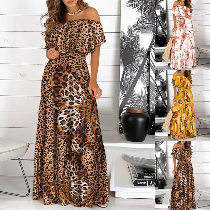 Leopard Robe Print Long Dress Ruffle Maxi Sundress Summer Sexy Casual