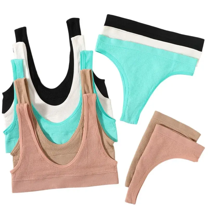 Thumbnail: Women Seamless Bras Set Sexy Low Rise Thongs Wire Free U Neck Bra