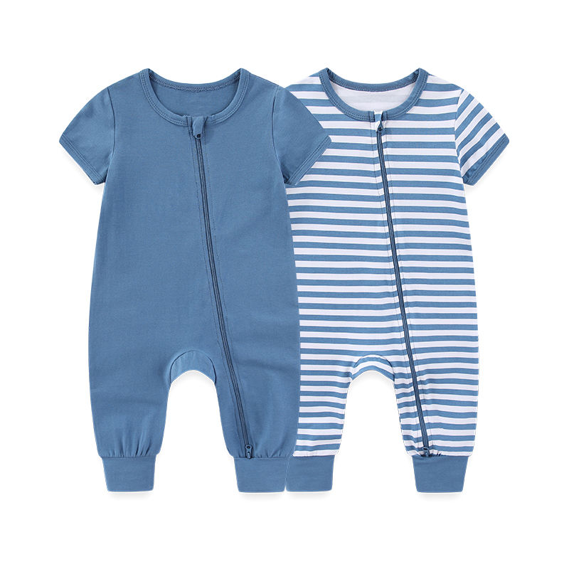 Thumbnail: 2pcs Unisex Solid Short Sleeve Zipper Baby Romper Set