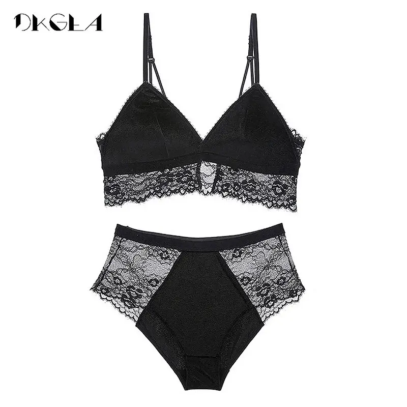 Thumbnail: Black Velvet Lace Embroidery Push Up Wireless Bra Panties Set