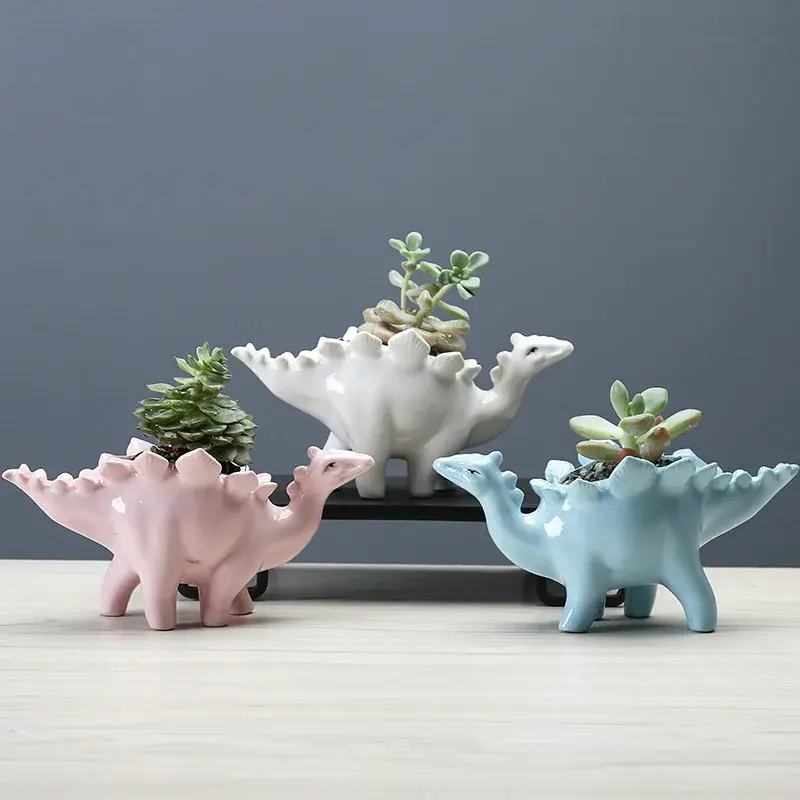 Ceramic Dinosaur Planter with Tray Stegosaurus Garden Pot for Succulents