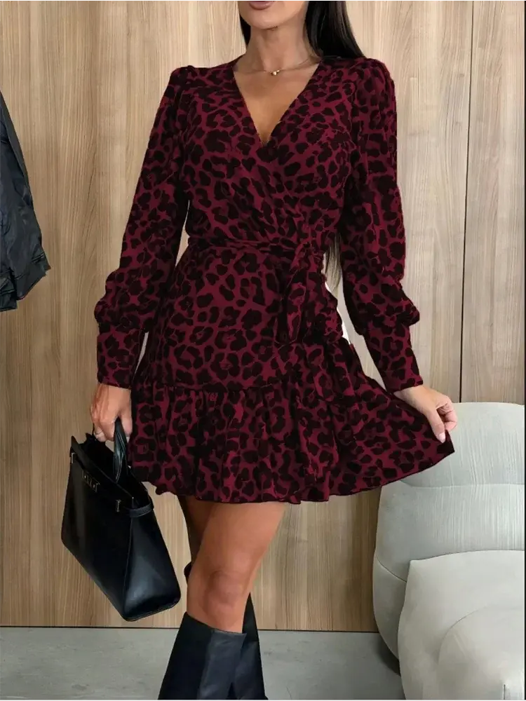 Thumbnail: Women's Leopard Printed Dresses V-Neck Lace Up Bubble Long Sleeved Sexy Dress