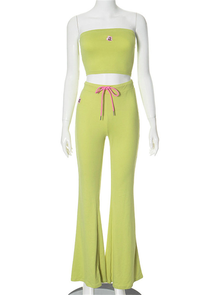 Y2K Floral Two-Piece Set – Strapless Tube Top & Flare Pants