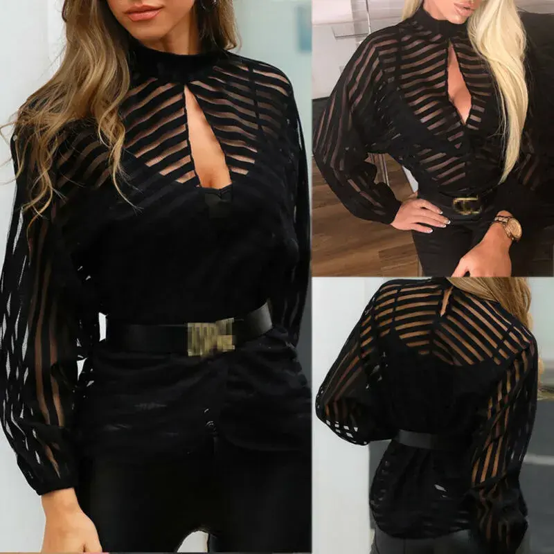 Sheer Mesh Net Long Sleeve Hollow Out Blouse Women Sexy Black Fashion Top