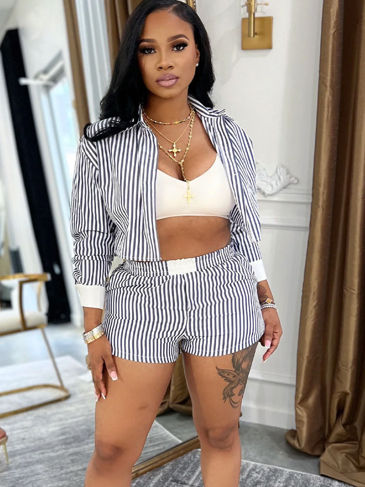 Thumbnail: Striped Button-Up Shirt & Shorts Set – Casual Summer Two-Piece Outfit