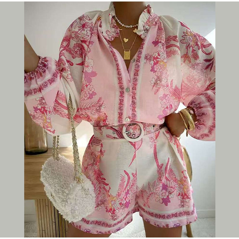 Thumbnail: Floral Print Lantern Sleeve Top and Shorts Two-Piece Set for Spring/Summer