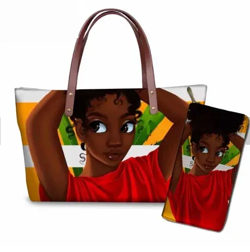 Thumbnail: Black African Art Printed PU Leather Tote & Shoulder Bag Set