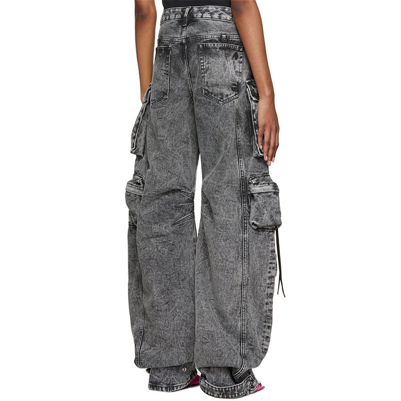 Thumbnail: Wide Leg Denim Cargo Jeans for Women Washed Look with Custom Pocket Design
