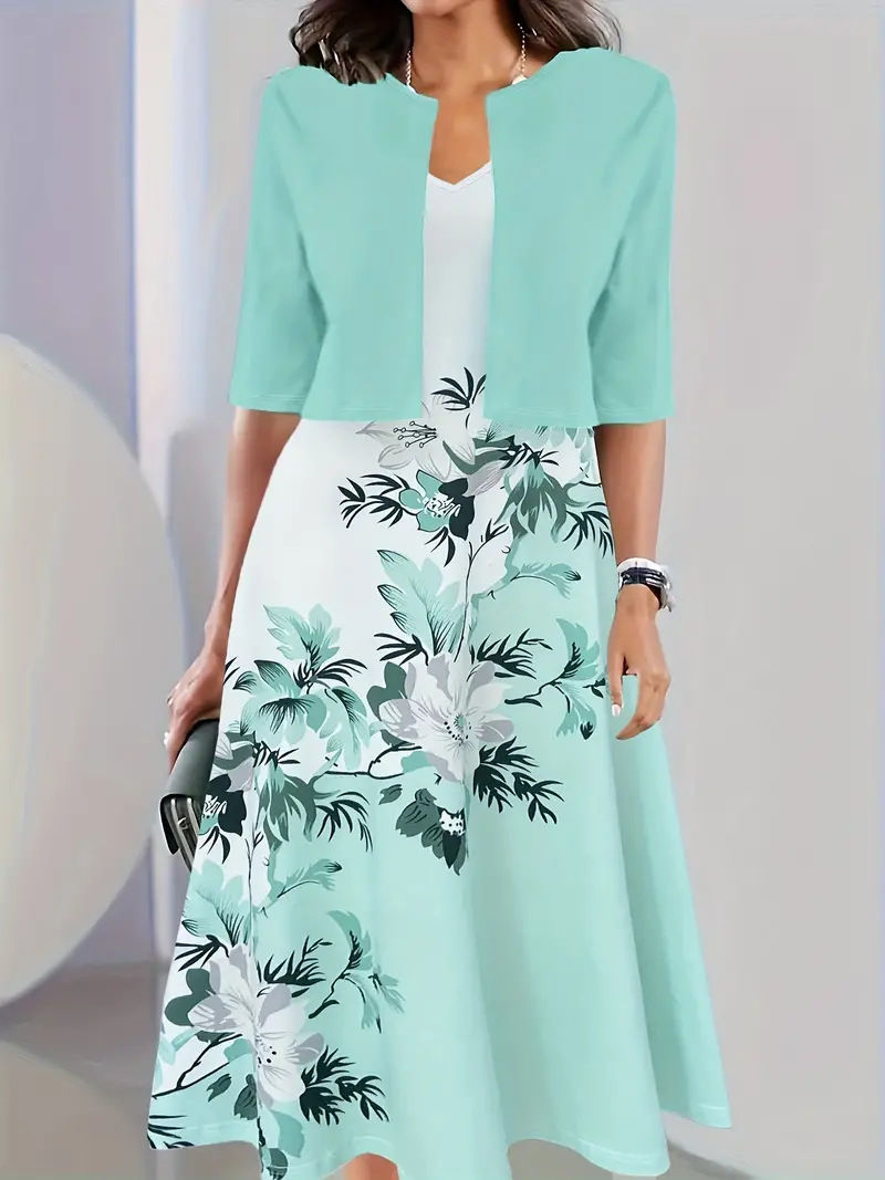 Thumbnail: Women V-Neck Sleeveless Floral Mid-Calf Dress