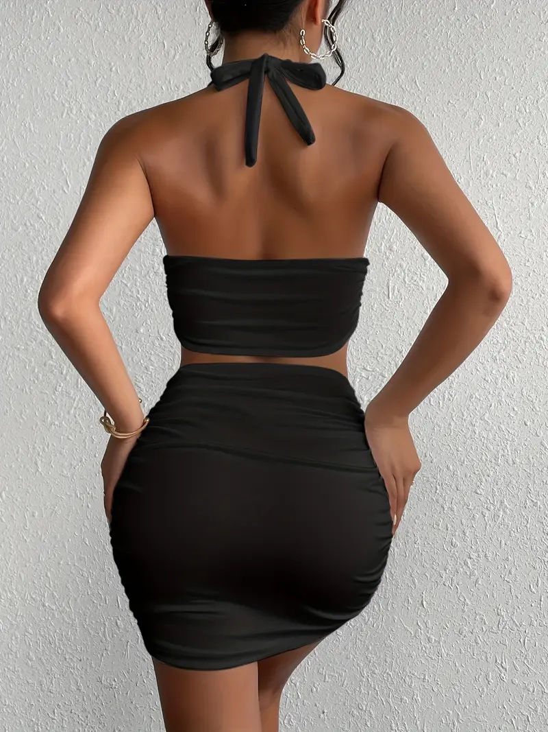 Thumbnail: Halter Neck Two-Piece Set – Backless Crop Top & Mini Skirt