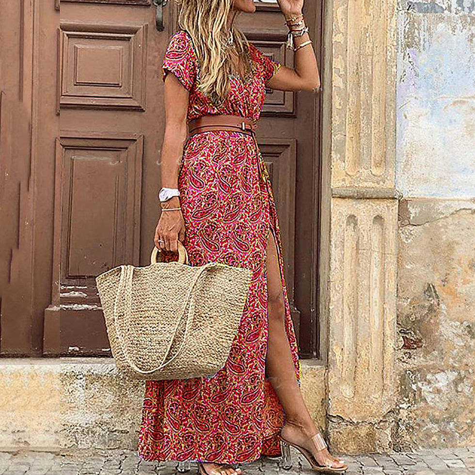 Thumbnail: Women Bohemian V-Neck Ankle-Length Dress