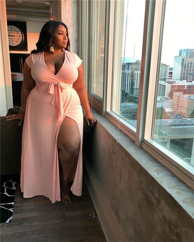 Thumbnail: Pink Plus Size Casual Maxi Dress Short Sleeve Solid Color