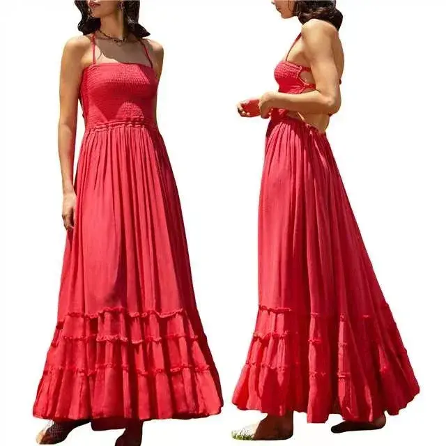 Thumbnail: Women’s Backless Cotton Lace‑Up Beach Strap Maxi Dress