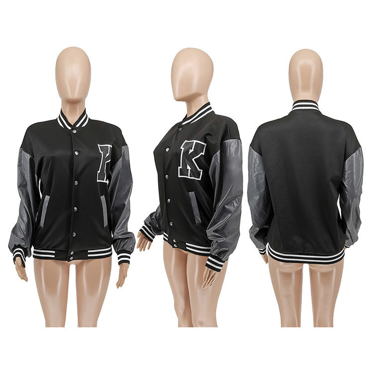 Thumbnail: Printed PU Leather Sleeve Baseball Long Winter Coat for Women Plus Size