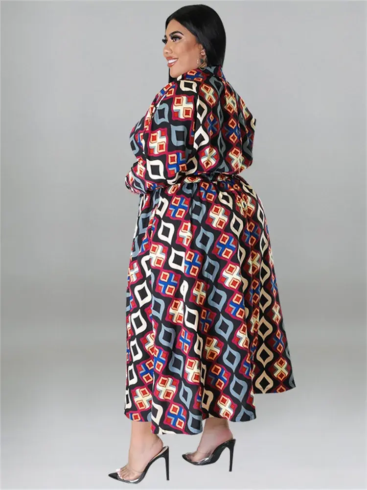 Plus Size Dresses for Women With Belt v Neck Print Casual Maxi Dress