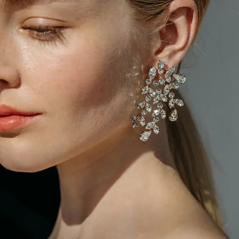 Thumbnail: Luxury Flower Leaf Dangle Earrings for Women – Cubic Zirconia Chandelier Design