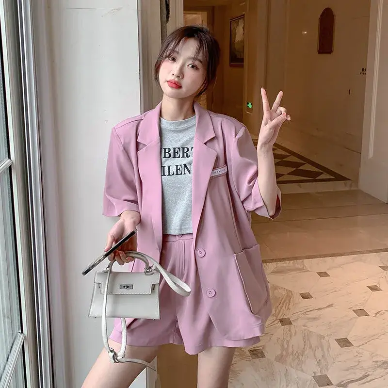 Thumbnail: Summer Casual Lapel Blazer and Shorts Two-Piece Set for Women