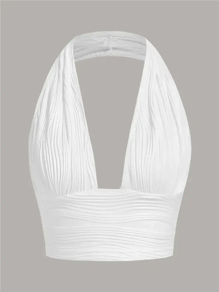 Thumbnail: Solid White Backless Halter Crop Top – Deep V Neck Y2K Streetwear for Summer