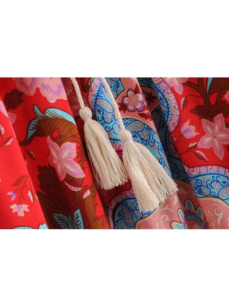 Thumbnail: Vintage Peacock Floral Split Tassel Boho Maxi Skirt – Beach Style