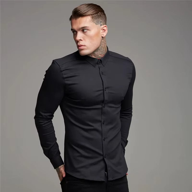 Thumbnail: Men’s Slim-Fit Business Dress Shirt – Long Sleeve Muscle Fit, Smart Casual