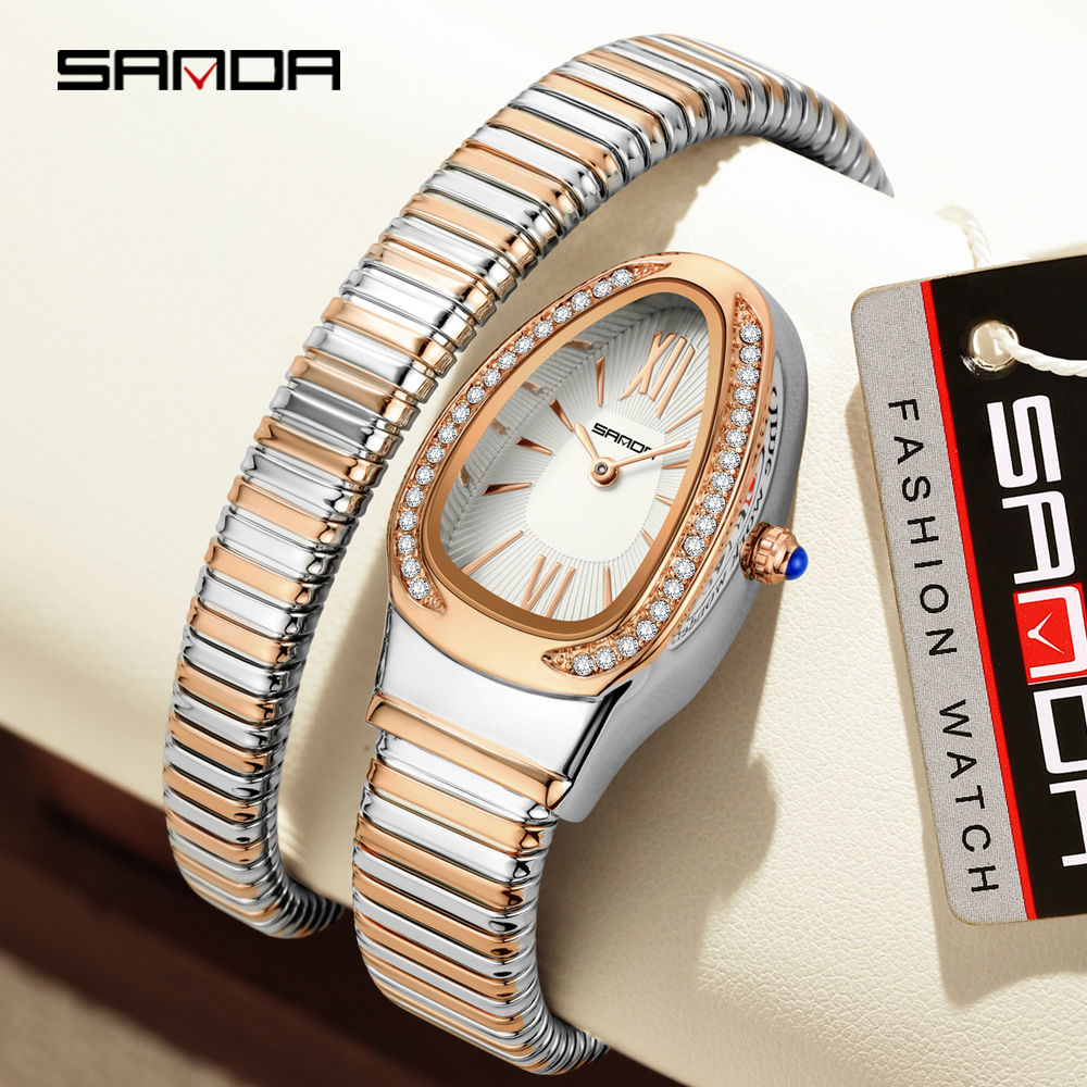 SANDA Women's Luxury Oval Quartz Watch – Diamond Inlaid, Backlight & Waterproof