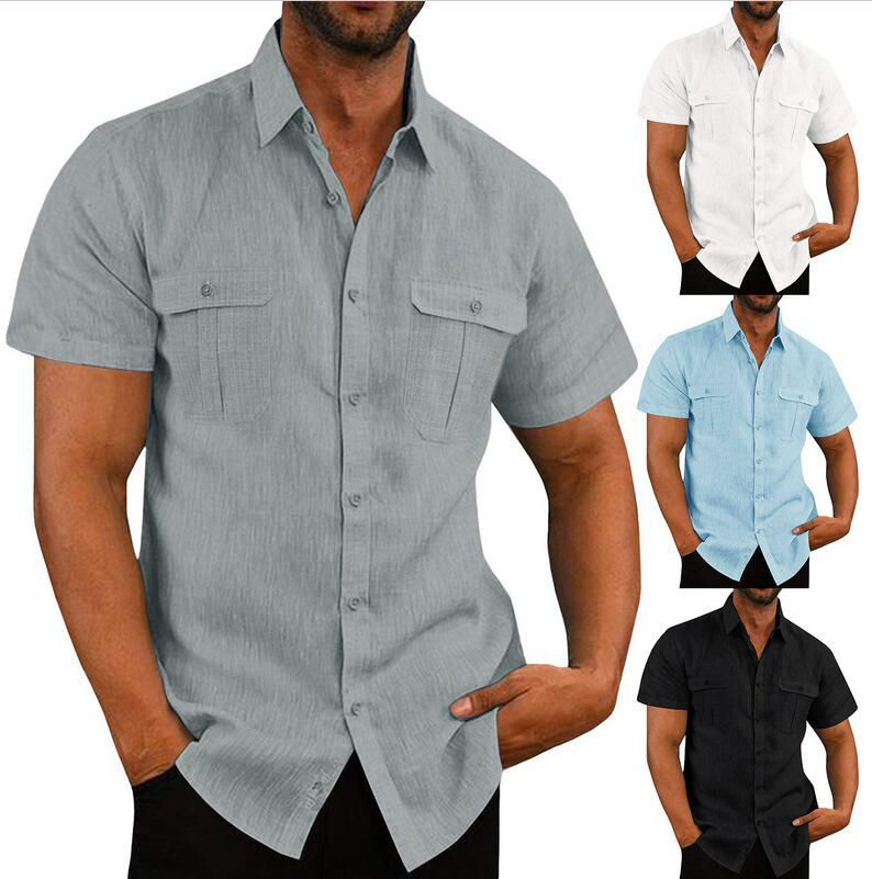 Thumbnail: Cotton Linen Hot Sale Men Short-Sleeved Shirts Summer Solid Color Stand-Up Colla