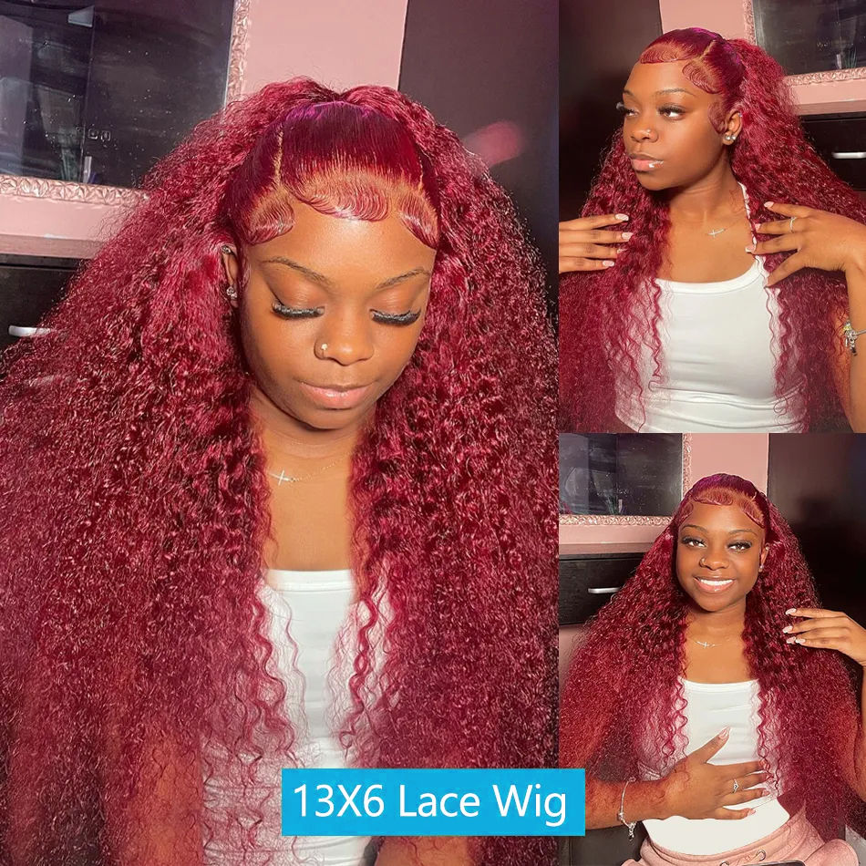 Thumbnail: 40 Inch 99J Burgundy Deep Wave 13x6 HD Lace Wig – Brazilian Human Hair